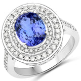 14K White Gold 3.48 Carat Genuine Tanzanite and White Diamond Ring