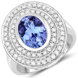 14K White Gold 3.34 ct. Genuine Tanzanite and White Diamond Ring