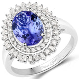 14K White Gold 2.88 Carat Genuine Tanzanite and White Diamond Ring