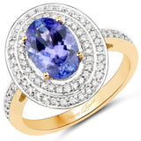 14K Yellow Gold 2.50 Carat Genuine Tanzanite and White Diamond Ring