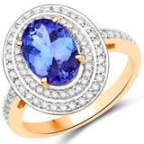 14K Yellow Gold 2.80 Carat Genuine Tanzanite and White Diamond Ring