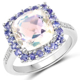 4.67 Carat Genuine Opal Rainbow Quartz, Tanzanite and White Zircon .925 Sterling Silver Ring