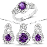 2.54 Carat Genuine Amethyst & White Topaz .925 Silver 3 Pc Jewelry Set Ring Earring & Pendant Chain