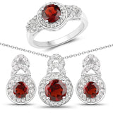 3.20 ct Genuine Garnet & White Topaz .925 Silver 3 Piece Jewelry Set (Ring Earring & Pendant Chain)