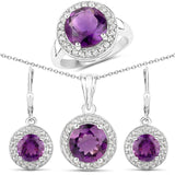 12.09 Carat Genuine Amethyst & White Topaz .925 Silver 3 Pc Jewelry Set Ring Earring & Pendant Chain