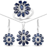 9.53 Carat Genuine Blue Sapphire White Topaz .925 Silver 3 Pc Jewelry Set Ring Earring Pendant Chain