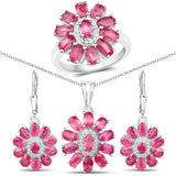 11.07 Carat Genuine Ruby & White Topaz .925 Silver 3 Pc Jewelry Set (Ring Earring & Pendant Chain)