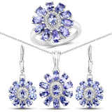 9.53 Carat Genuine Tanzanite & White Topaz .925 Silver 3 Pc Jewelry Set Ring Earring & Pendant Chain