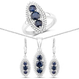 4.30 Carat Genuine Blue Sapphire White Topaz .925 Silver 3 Pc Jewelry Set Ring Earring Pendant Chain