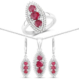 4.32 Carat Genuine Ruby & White Topaz .925 Silver 3 Piece Jewelry Set (Ring Earring & Pendant Chain)