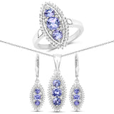 3.62 Carat Genuine Tanzanite & White Topaz .925 Silver 3 Pc Jewelry Set Ring Earring & Pendant Chain