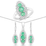 3.52 Carat Genuine Zambian Emerald White Topaz 925 Silver 3 Pc Jewelry Set
