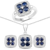 3.82 Carat Genuine Blue Sapphire White Topaz .925 Silver 3 Pc Jewelry Set Ring Earring Pendant Chain