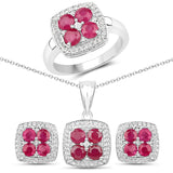 4.14 Carat Genuine Ruby & White Topaz .925 Silver 3 Piece Jewelry Set (Ring Earring & Pendant Chain)