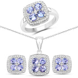 3.34 Carat Genuine Tanzanite & White Topaz .925 Silver 3 Pc Jewelry Set Ring Earring & Pendant Chain