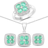 3.34 Carat Genuine Zambian Emerald White Topaz 925 Silver 3 Pc Jewelry Set