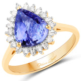 14K Yellow Gold 3.17 Carat Genuine Tanzanite and White Diamond Ring