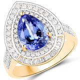 14K Yellow Gold 3.13 Carat Genuine Tanzanite and White Diamond Ring