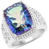 10.21 Carat Genuine Blue Rainbow Quartz and White Topaz .925 Sterling Silver Ring