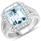 5.33 Carat Genuine Aquamarine and White Diamond 14K White Gold Ring