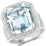 9.24 Carat Genuine Aquamarine and White Diamond 14K White Gold Ring