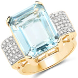 9.15 Carat Genuine Aquamarine and White Diamond 14K Yellow Gold Ring