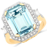5.55 Carat Genuine Aquamarine and White Diamond 14K Yellow Gold Ring