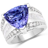 8.63 Carat Genuine Tanzanite and White Diamond 14K White Gold Ring