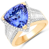 6.38 Carat Genuine Tanzanite and White Diamond 14K Yellow Gold Ring