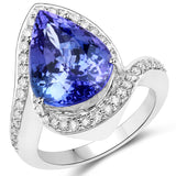 8.20 Carat Genuine Tanzanite and White Diamond 14K White Gold Ring
