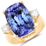 15.29 Carat Genuine Tanzanite and White Diamond 18K Yellow Gold Ring