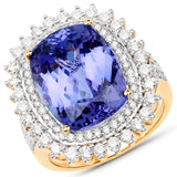 14.99 Carat Genuine Tanzanite and White Diamond 18K Yellow Gold Ring