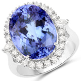 17.82 Carat Genuine Tanzanite and White Diamond 18K White Gold Ring