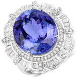 19.50 Carat Genuine Tanzanite and White Diamond 18K White Gold Ring