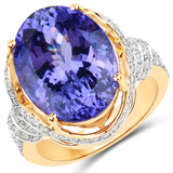 15.11 Carat Genuine Tanzanite and White Diamond 18K Yellow Gold Ring