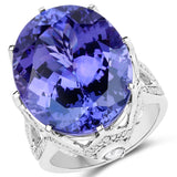 28.09 Carat Genuine Tanzanite and White Diamond 18K White Gold Ring