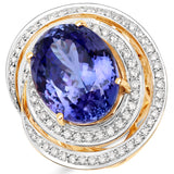 23.33 Carat Genuine Tanzanite and White Diamond 18K Yellow Gold Ring