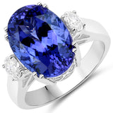 9.57 Carat Genuine Tanzanite and White Diamond 18K White Gold Ring