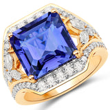 9.12 Carat Genuine Tanzanite and White Diamond 18K Yellow Gold Ring