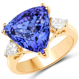 9.24 Carat Genuine Tanzanite and White Diamond 18K Yellow Gold Ring