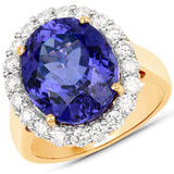 10.77 Carat Genuine Tanzanite and White Diamond 18K Yellow Gold Ring