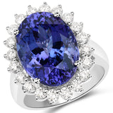 16.24 Carat Genuine Tanzanite and White Diamond 18K White Gold Ring