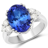 8.96 Carat Genuine Tanzanite and White Diamond 18K White Gold Ring