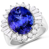 10.91 Carat Genuine Tanzanite and White Diamond 18K White Gold Ring