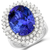 15.77 Carat Genuine Tanzanite and White Diamond 18K White Gold Ring