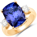 10.04 Carat Genuine Tanzanite and White Diamond 18K Yellow Gold Ring