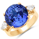 12.21 Carat Genuine Tanzanite and White Diamond 18K Yellow Gold Ring