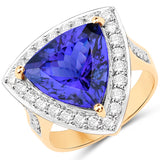 8.98 Carat Genuine Tanzanite and White Diamond 18K Yellow Gold Ring