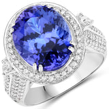 11.01 Carat Genuine Tanzanite and White Diamond 18K White Gold Ring