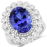 9.60 Carat Genuine Tanzanite and White Diamond 18K White Gold Ring